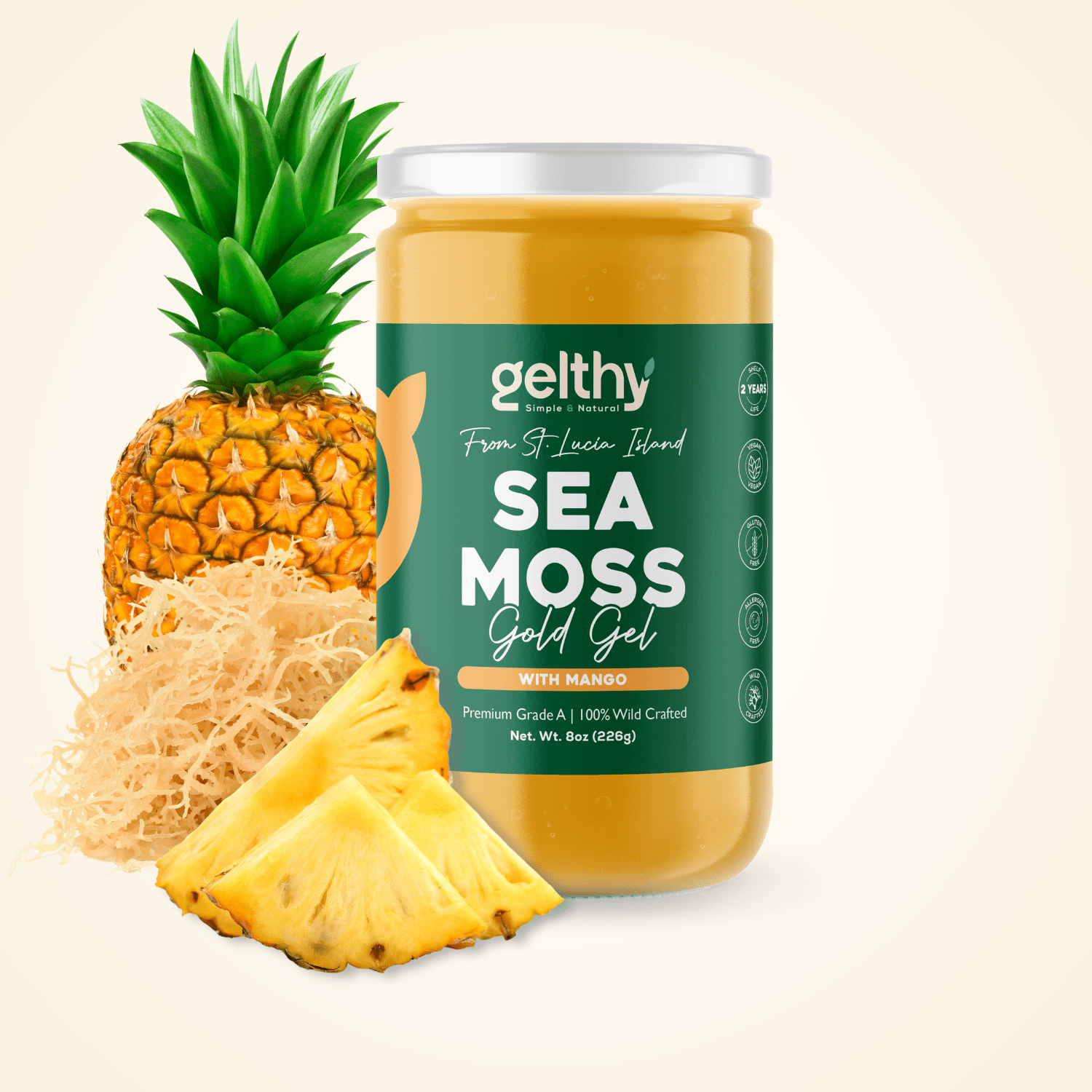 Musgo Marino Dorado en Gel con Piña 100% Natural Wildcrafted de la Isla de St. Lucy Vida útil de 2 años