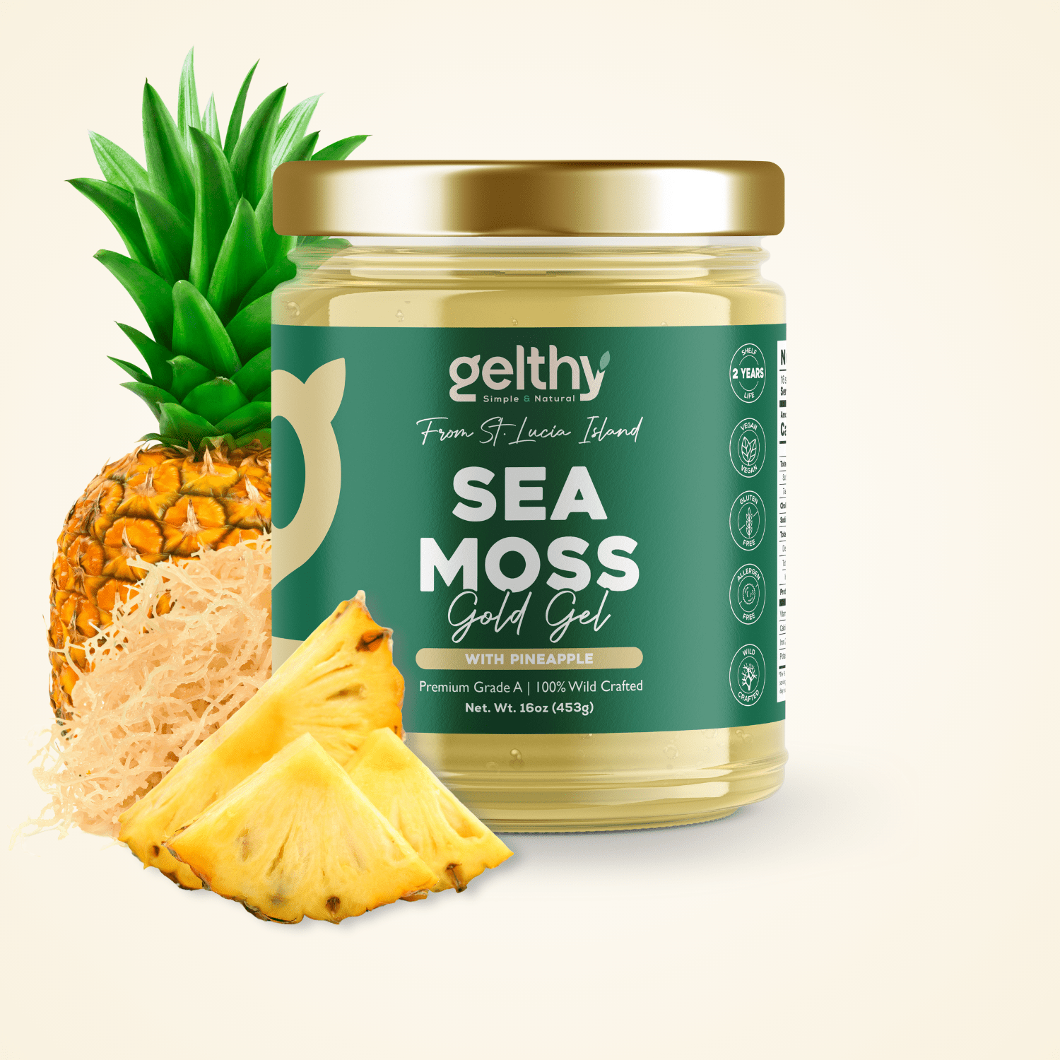 Musgo Marino Dorado en Gel con Piña 100% Natural Wildcrafted de la Isla de St. Lucy Vida útil de 2 años